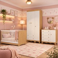 Quarto de Bebê Completo com Berço Americano 3 em 1 p/Colchão 130x70cm Flor Multimóveis MP4935 Madeirado/Branco