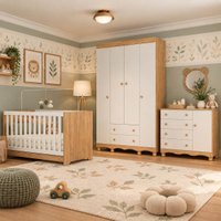 Quarto de Bebê Completo com Berço Americano 3 em 1 e Colchão Incluso Flor Multimóveis MP4945 Madeirado/Branco