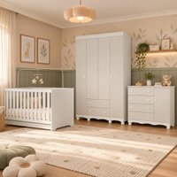Quarto de Bebê Completo com Berço Americano 3 em 1 p/Colchão 130x70cm Flor Multimóveis MP4937 Branco/Off White