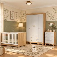 Quarto de Bebê Completo com Berço Americano 3 em 1 p/Colchão 130x70cm Flor Multimóveis MP4938 Madeirado/Off White
