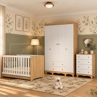 Quarto de Bebê Completo com Berço Americano 3 em 1 e Colchão Incluso Flor Multimóveis MP4946 Madeirado/Branco