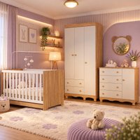 Quarto de Bebê Completo com Berço Americano 3 em 1 e Colchão Incluso Flor Multimóveis MP4943 Madeirado/Off White