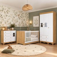 Quarto de Bebê Completo com Berço Americano 3 em 1 e Colchão Incluso Flor Multimóveis MP4927 Madeirado/Branco
