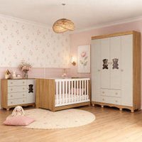 Quarto de Bebê Completo com Berço Americano 3 em 1 e Colchão Incluso Flor Multimóveis MP4929 Madeirado/Off White