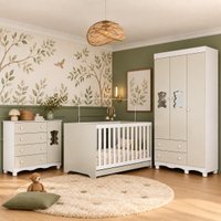 Quarto de Bebê Completo com Berço Americano 3 em 1 e Colchão Incluso Flor Multimóveis MP4927 Branco/Off White