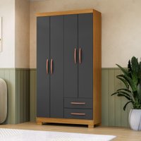 Guarda-Roupa Solteiro com 4 Portas e 2 Gavetas 100cm Multimóveis CR35675 Madeirado/Cinza