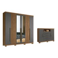 Quarto Completo Solteiro Guarda Roupa 6 Ptas Buriti + Cômoda Master Grafite S. Andirá