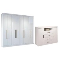 Quarto Completo Solteiro Guarda Roupa 8Pts Master 8.4 + Cômoda Branco S. Andirá