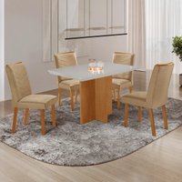 Conjunto Mesa de Jantar 120cm com 4 Cadeiras Estofadas Multimóveis CRRFT-CON041 Madeirado/Off White/Bege