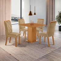 Conjunto Mesa de Jantar 90cm com 4 Cadeiras Estofadas Multimóveis CRRFT-CON048 Madeirado/Bege