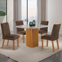 Conjunto Mesa de Jantar 90cm com 4 Cadeiras Estofadas Multimóveis CRRFT-CON050 Madeirado/Off White/Marrom