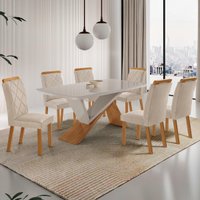 Conjunto Mesa de Jantar 180cm com 6 Cadeiras Estofadas Multimóveis CRRFT-CON039 Madeirado/Off White/Creme