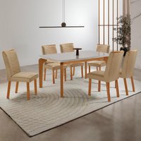 Conjunto Mesa de Jantar 180cm com 6 Cadeiras Estofadas Multimóveis CRRFT-CON046 Madeirado/Off White/Bege