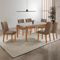 Conjunto Mesa de Jantar 180cm com 6 Cadeiras Estofadas Multimóveis CRRFT-CON046 Madeirado/Off White/Cappuccino