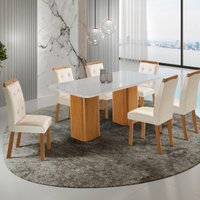 Conjunto Mesa de Jantar 180cm com 6 Cadeiras Estofadas Multimóveis CRRFT-CON049 Madeirado/Off White/Creme