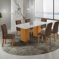 Conjunto Mesa de Jantar 180cm com 6 Cadeiras Estofadas Multimóveis CRRFT-CON049 Madeirado/Off White/Marrom