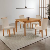 Conjunto Mesa de Jantar 120cm com 4 Cadeiras Estofadas Multimóveis CRRFT-CON044 Madeirado/Creme