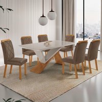 Conjunto Mesa de Jantar 180cm com 6 Cadeiras Estofadas Multimóveis CRRFT-CON039 Madeirado/Off White/Cappuccino