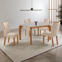 Conjunto Mesa de Jantar 120cm com 4 Cadeiras Estofadas Multimóveis CRRFT-CON045 Madeirado/Off White/Creme