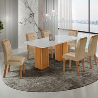 Conjunto Mesa de Jantar 180cm com 6 Cadeiras Estofadas Multimóveis CRRFT-CON049 Madeirado/Off White/Bege