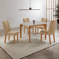 Conjunto Mesa de Jantar 120cm com 4 Cadeiras Estofadas Multimóveis CRRFT-CON045 Madeirado/Off White/Bege