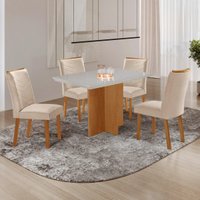 Conjunto Mesa de Jantar 120cm com 4 Cadeiras Estofadas Multimóveis CRRFT-CON041 Madeirado/Off White/Creme