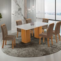 Conjunto Mesa de Jantar 180cm com 6 Cadeiras Estofadas Multimóveis CRRFT-CON049 Madeirado/Off White/Cappuccino
