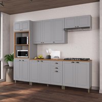 Armário Cozinha Modulada Completa Americana 100% MDF 270cm Provence Multimóveis CRINK-CPL008 Cinza