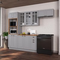 Cozinha Modulada Completa Americana 100% MDF 270cm com Rodapé Provence Multimóveis CRINK-CPL019 Cinza