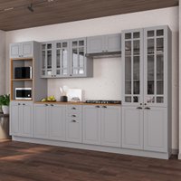 Cozinha Modulada Completa Americana 100% MDF 350cm com Rodapé Provence Multimóveis CRINK-CPL001 Cinza