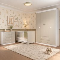 Quarto de Bebê Completo com Berço Americano 3 em 1/Guarda-Roupa/Cômoda Flor Multimóveis MP4940 Branco/Off White