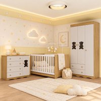 Quarto de Bebê Completo com Berço Americano 3 em 1 e Colchão Incluso Flor Multimóveis MP4934 Madeirado/Off White