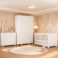 Quarto de Bebê Completo com Berço Americano 3 em 1 e Colchão Incluso Flor Multimóveis MP4947 Branco