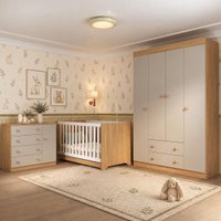Quarto de Bebê Completo com Berço Americano 3 em 1 e Colchão Incluso Flor Multimóveis MP4948 Madeirado/Off White