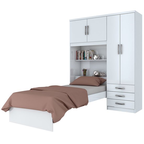 Guarda-Roupa / Roupeiro com Cama de Solteiro Henn Cravo, 4 Portas, 3 Gavetas