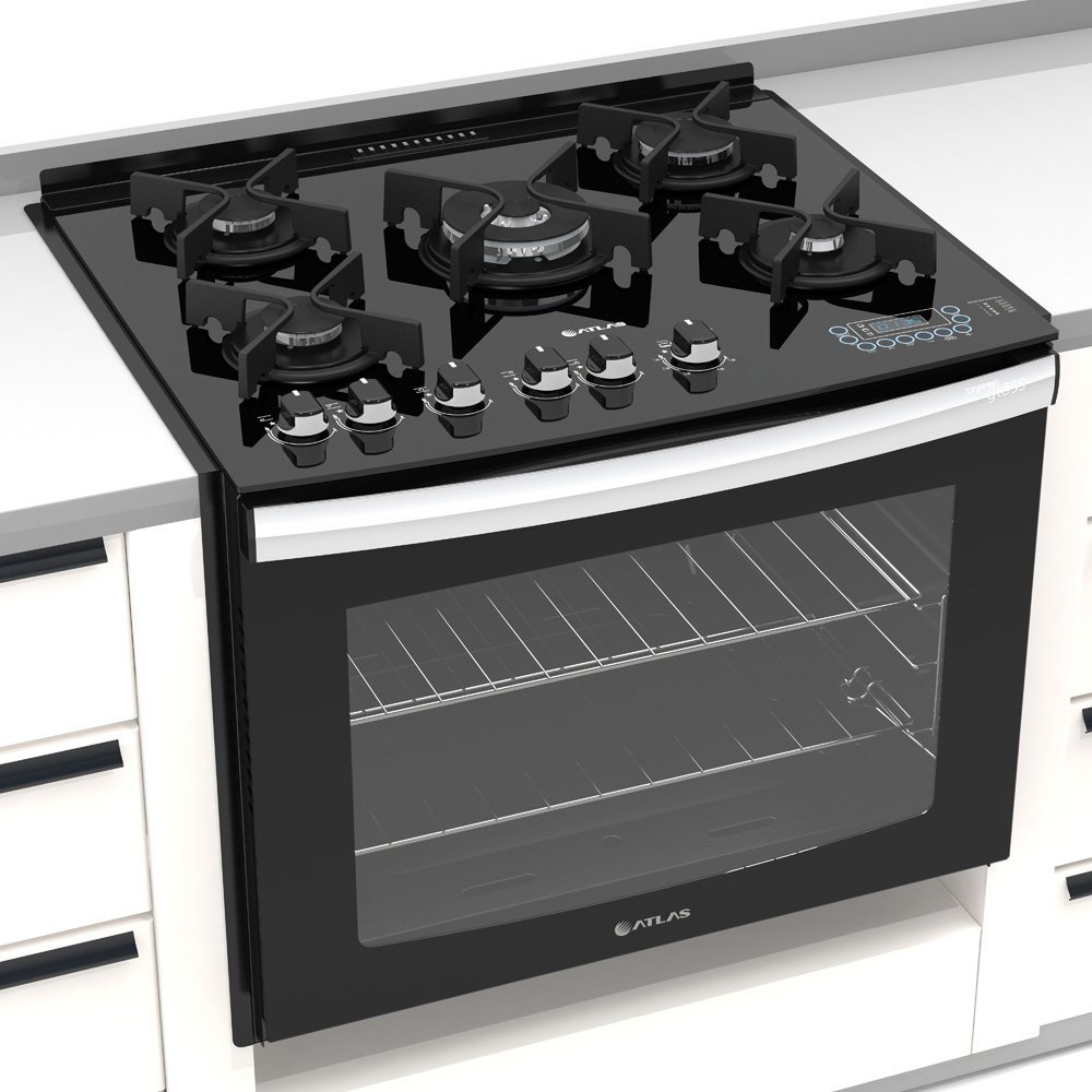 Fogão a Gás de Embutir Atlas Top Gourmet Glass, 5 Bocas, Timer, Preto