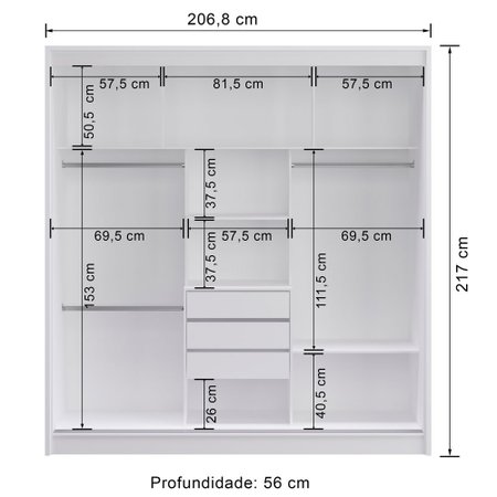 Guarda-Roupa / Roupeiro Decibal, 3 Portas de Correr, 3 Gavetas, Espelho - RP4330
