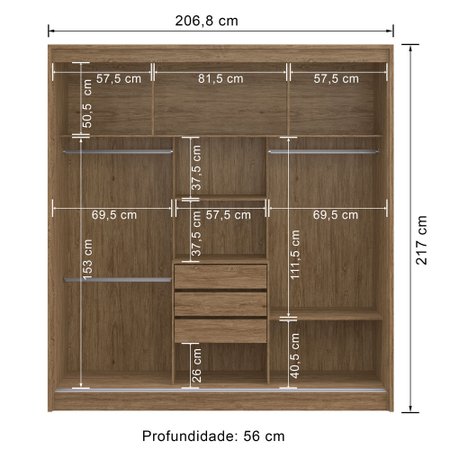 Guarda-Roupa / Roupeiro Decibal, 3 Portas de Correr, 3 Gavetas, Espelho - RP4330