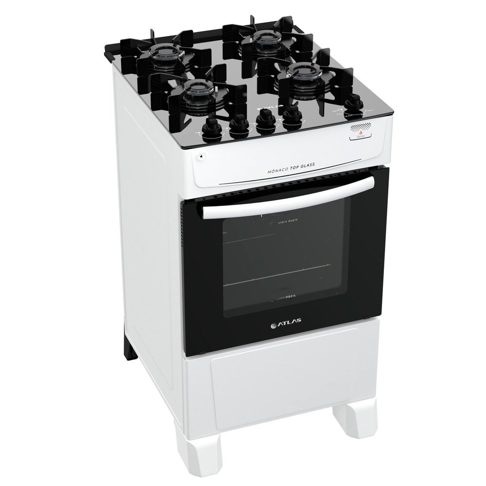 Fogão a Gás de Piso 4 Bocas Atlas Mônaco Top Glass Mesa de Vidro Branco