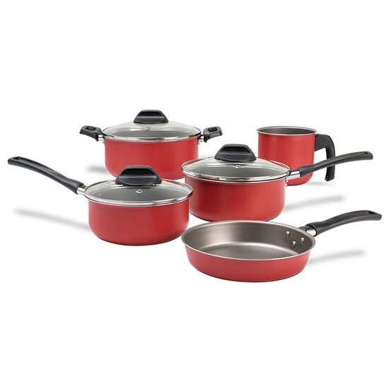 Conjunto 5 Panelas Alumínio Tampa Vidro Linha Cozinha Chicky Cor Vermelho  (Caçarolas Luxo, Panela Nova na Sua Cozinha)